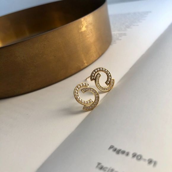 New Chanel Style Pearl Stud Earrings 14K Gold over 925 Silver Bridal Earrings - Picture 2 of 4